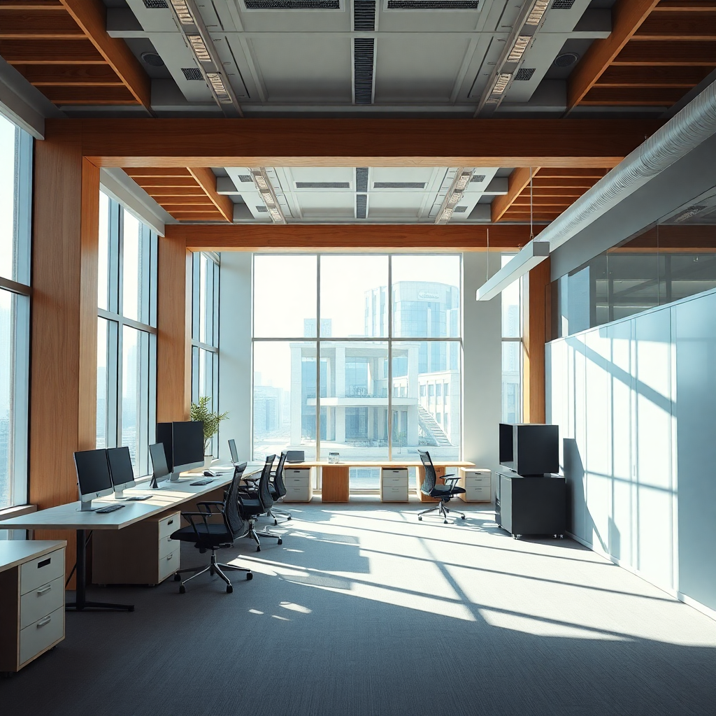 bright modern office with acoustic pods, sunlight, cinematic shot