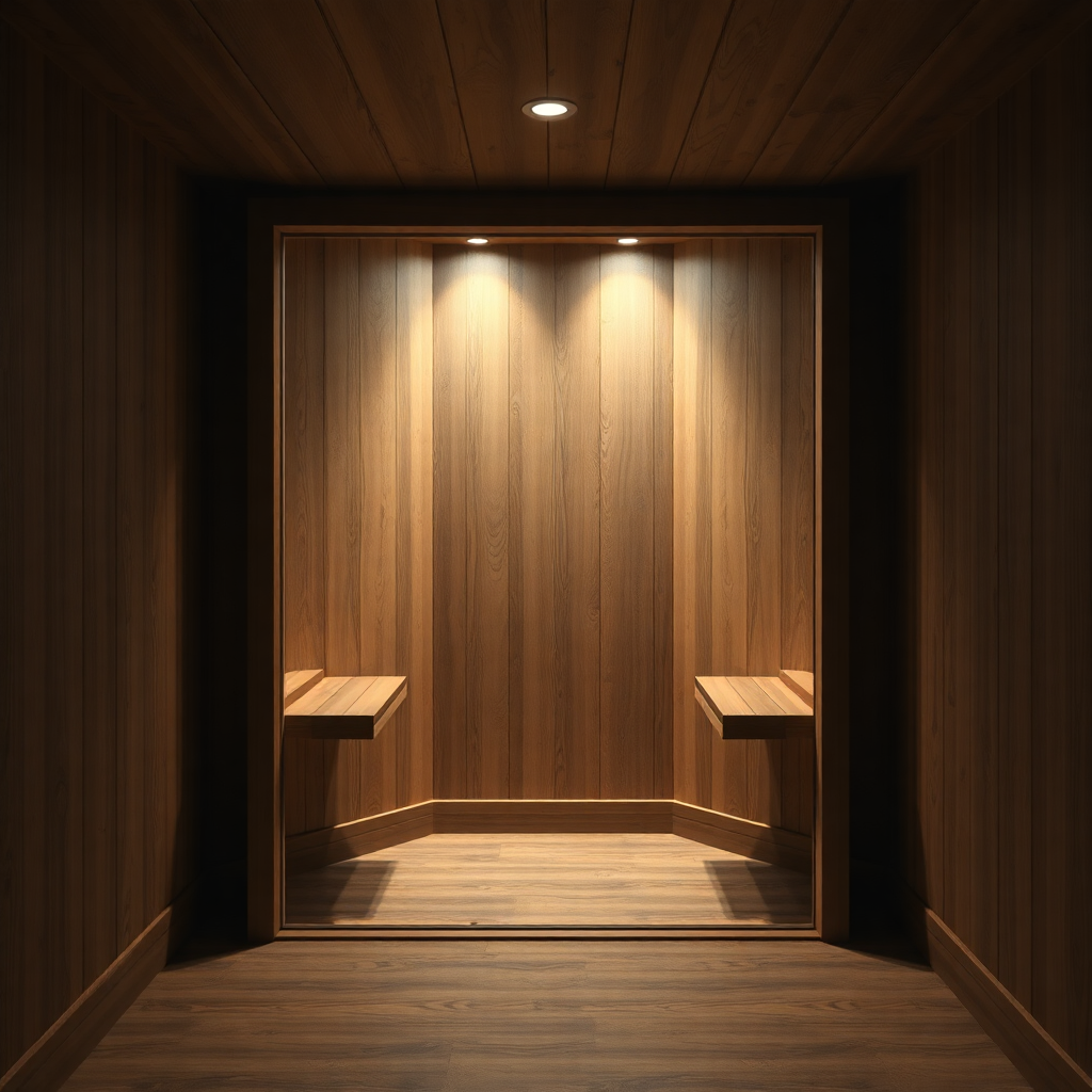interior of soundproof booth, calm lighting, wood textures, cozy quiet space