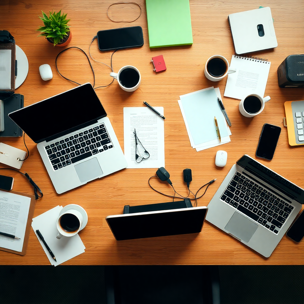 top view of busy office desk with laptops and coffee, creative mess