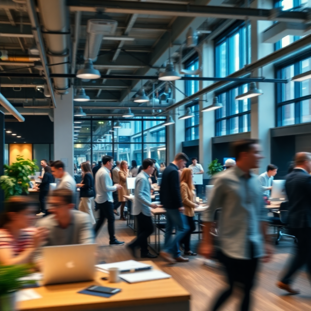 busy open space office with people talking and working, motion blur, noisy environment concept