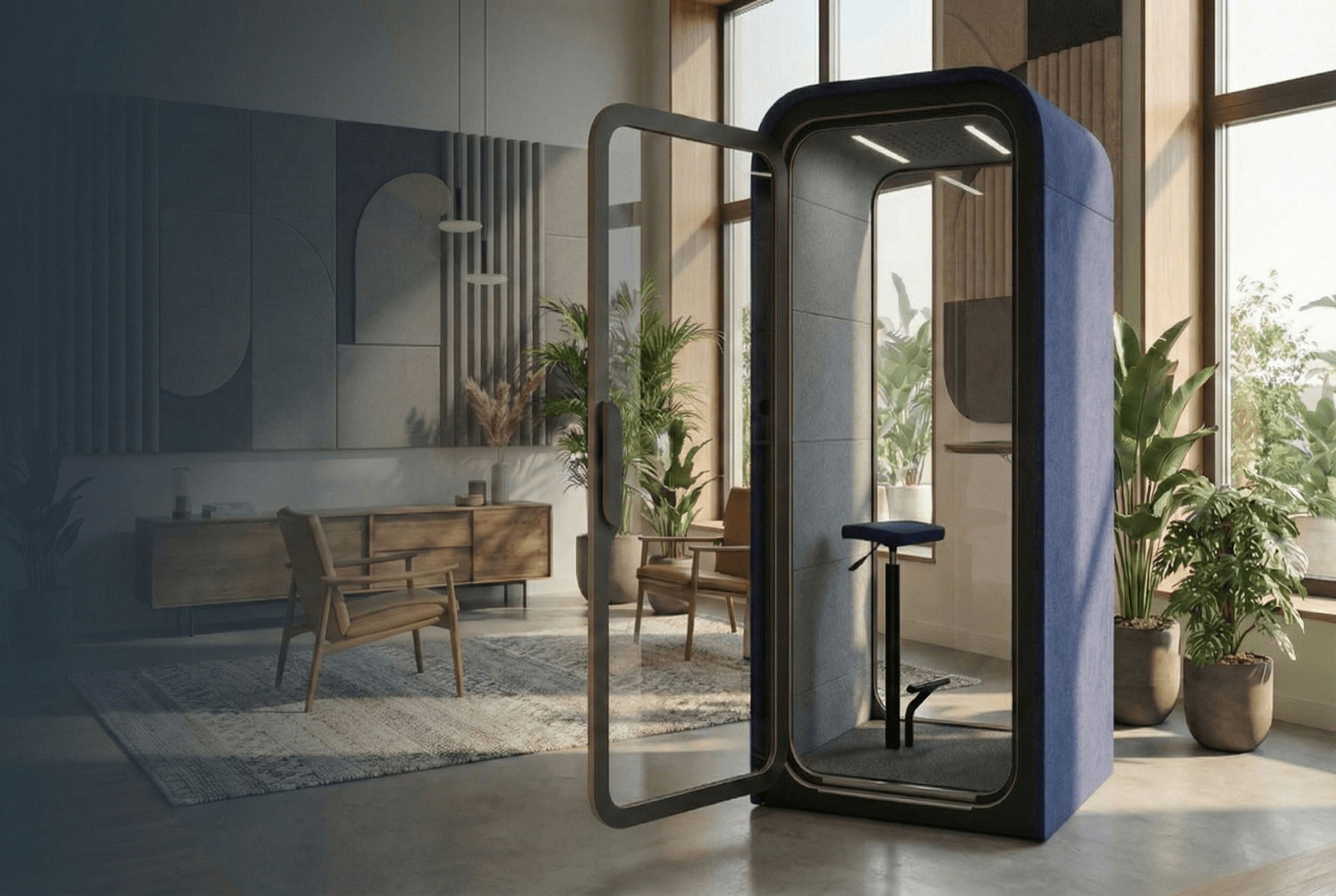 modern office interior with sleek acoustic cabin pod, high end photography, architectural digest style, natural lighting, plants, people working softly in background