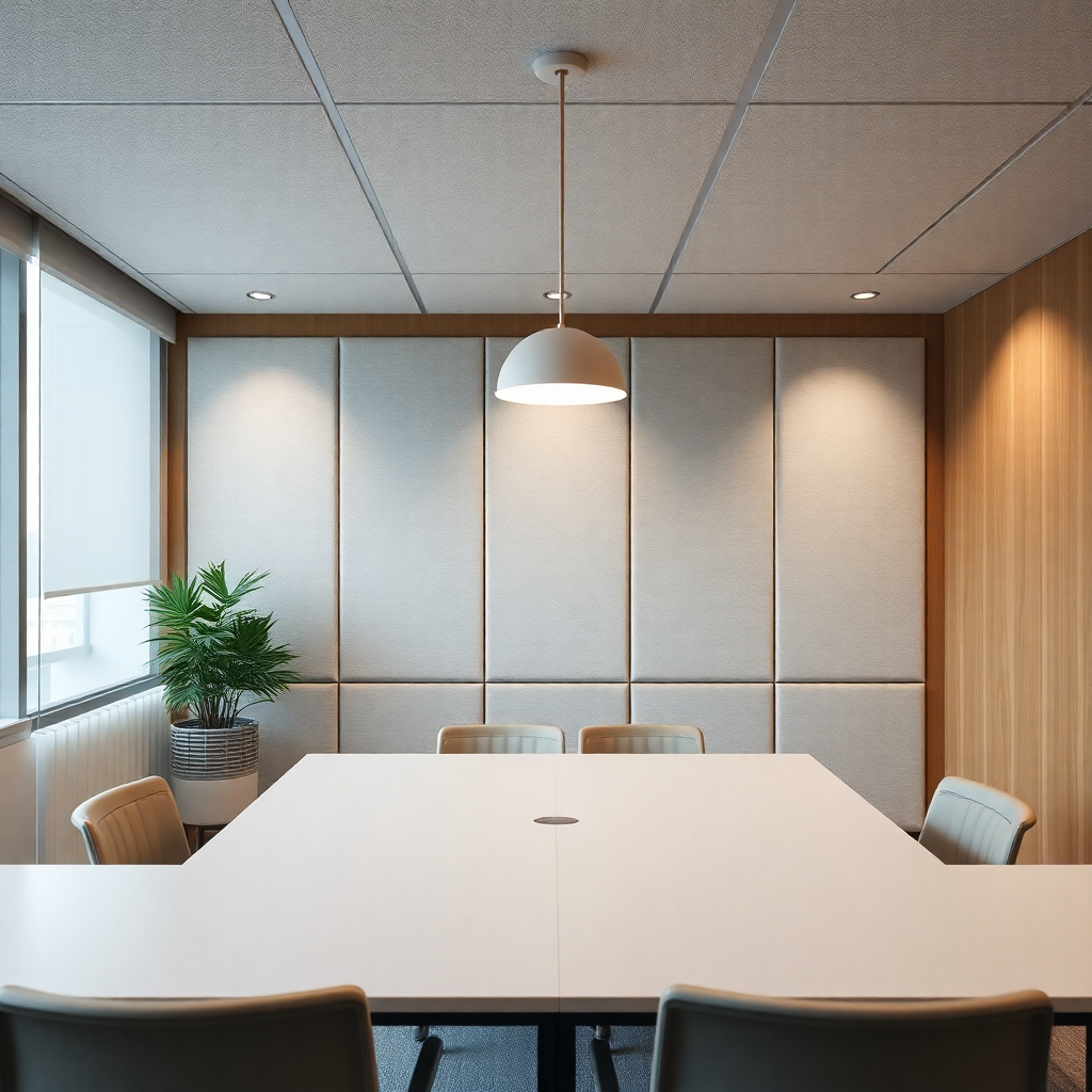 minimalist office interior design detail, acoustic panels texture