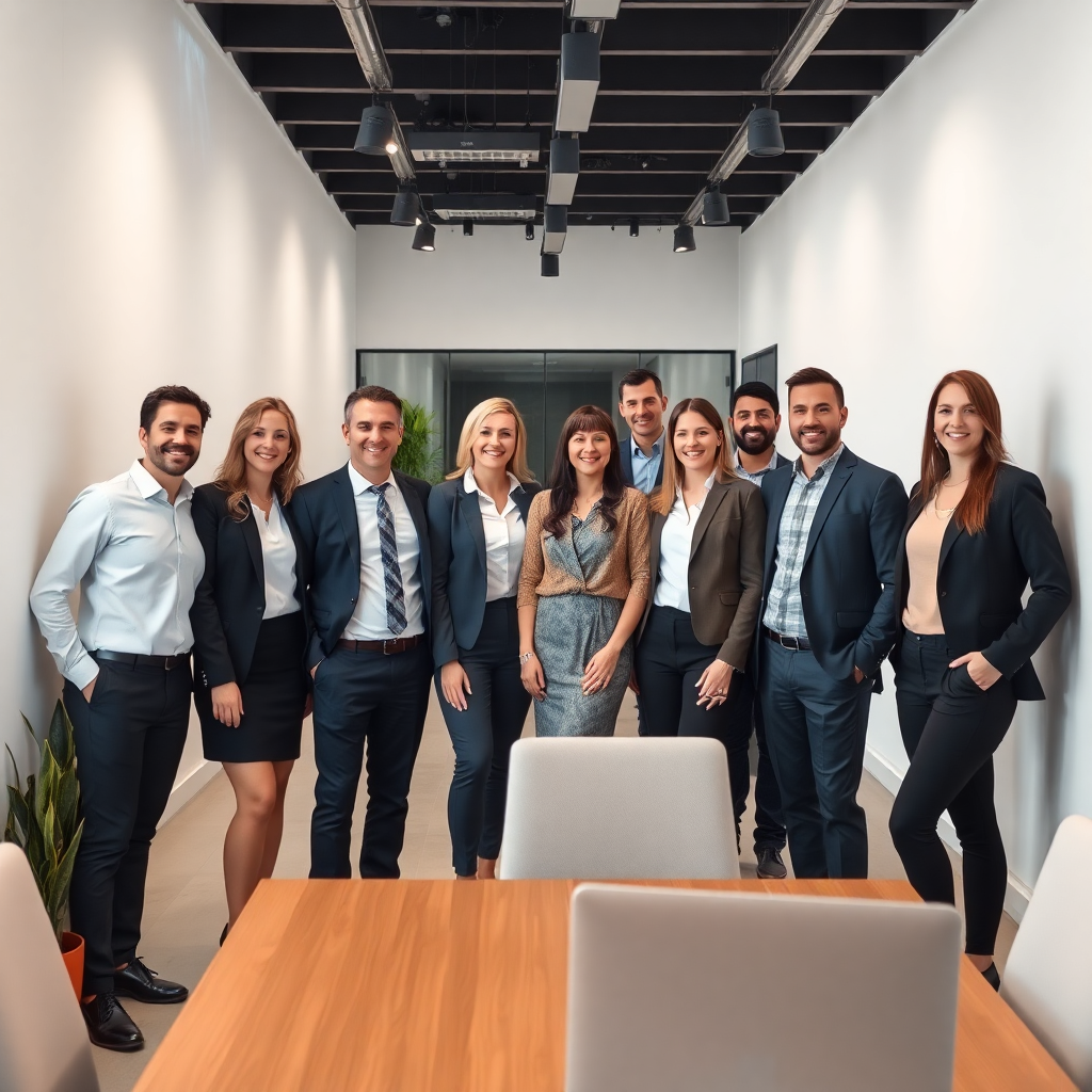 modern corporate office team photo, professional business people, contemporary workspace, natural lighting, high quality photography